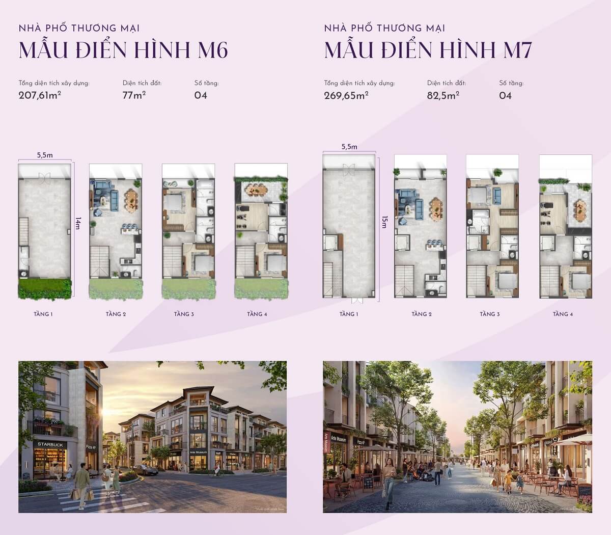 Layout thiết kế nhà phố thương mại điển hình M6 và M7